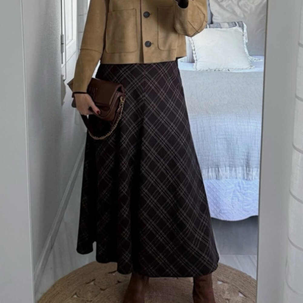 ZARA SIZE M, MID WAISTED CHECKED PLAID MAXI SKIRT BLACK/BROW NWT